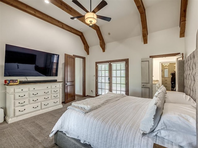 bedroom featuring carpet, ceiling fan, and lofted ceiling with beams
