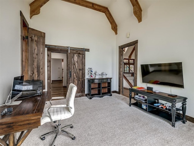 office area featuring high vaulted ceiling, baseboards, beamed ceiling, and carpet flooring