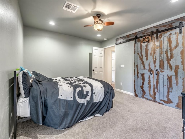 bedroom featuring ceiling fan, carpet flooring, recessed lighting, and visible vents