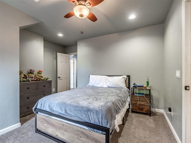 bedroom featuring carpet floors, recessed lighting, baseboards, and ceiling fan