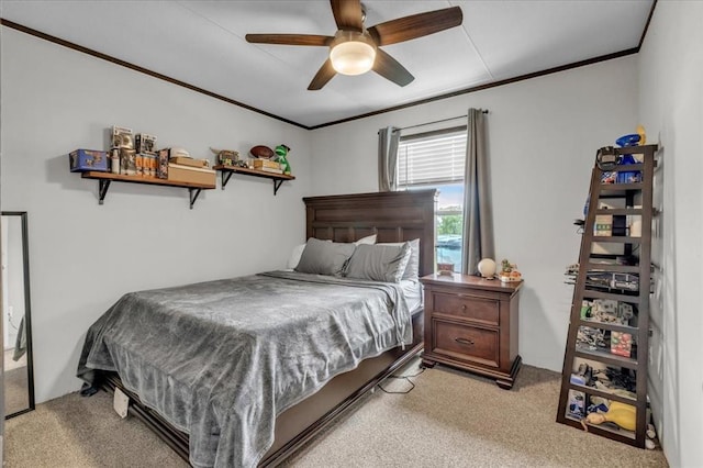 25386 Patterson Rd, Tecumseh, OK 74873 - bedroom featuring light colored carpet, crown molding, and a ceiling fan