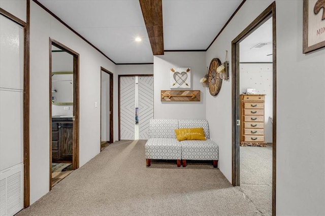 25386 Patterson Rd, Tecumseh, OK 74873 - corridor with carpet floors and crown molding