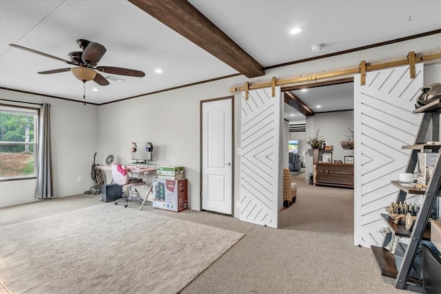 25386 Patterson Rd, Tecumseh, OK 74873 - carpeted office with a barn door, ceiling fan, recessed lighting, crown molding, and beamed ceiling