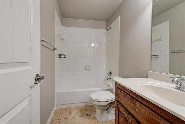 full bath with toilet, tile patterned flooring, vanity, and  shower combination