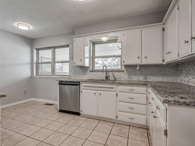 kitchen with stainless steel dishwasher, white cabinets, decorative backsplash, and a sink