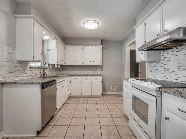 kitchen with decorative backsplash, dishwasher, a sink, white electric range oven, and under cabinet range hood