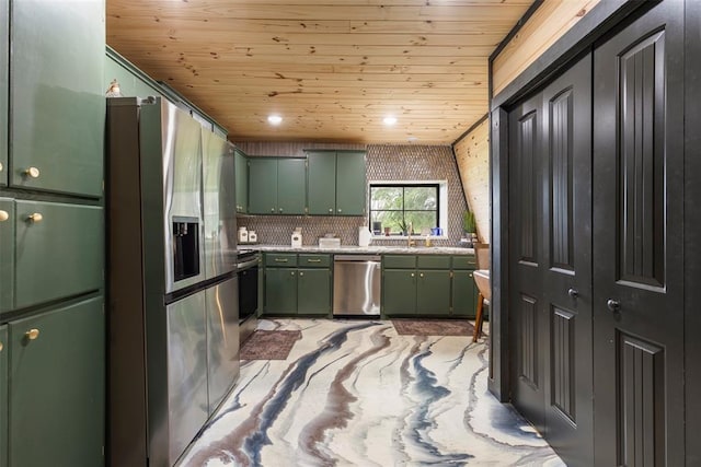 kitchen with light countertops, wooden ceiling, green cabinets, and stainless steel appliances