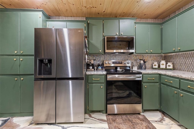kitchen with light countertops, appliances with stainless steel finishes, backsplash, and wooden ceiling