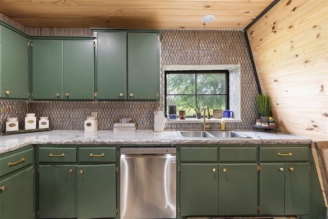 kitchen featuring a sink, wood ceiling, light countertops, and dishwasher