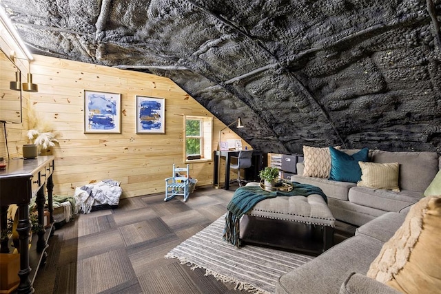 interior space featuring wooden walls