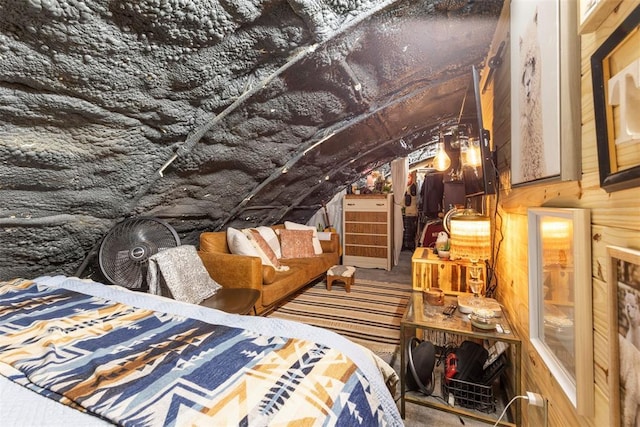 bedroom with lofted ceiling