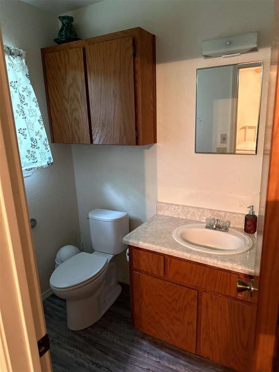 bathroom with vanity, toilet, and wood finished floors