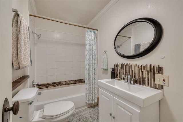 full bath with vanity, ornamental molding, shower / bath combo, and toilet