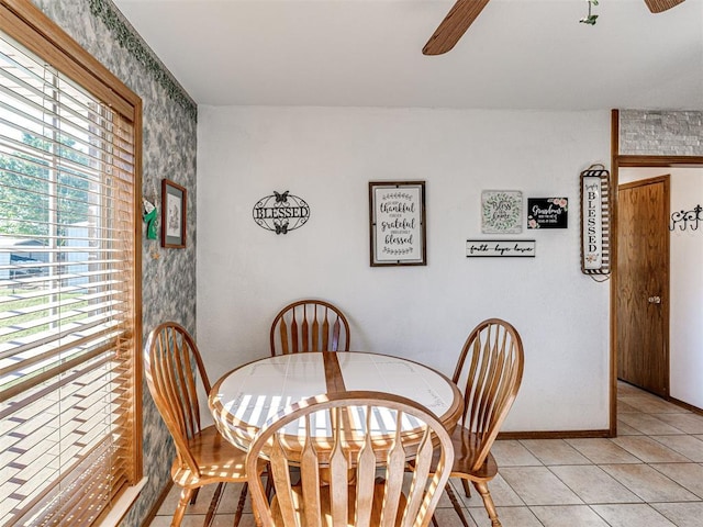 910860 S 3350th Rd, Wellston, OK 74881 - dining area featuring baseboards, wallpapered walls, ceiling fan, and light tile patterned flooring