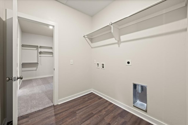 812 Stella Trl, Guthrie, OK 73044 - laundry room featuring dark wood-style flooring, laundry area, washer hookup, baseboards, and hookup for an electric dryer