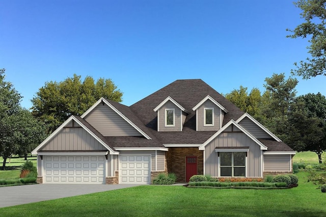 craftsman inspired home with a front lawn, board and batten siding, roof with shingles, and concrete driveway