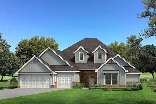 craftsman-style house featuring board and batten siding, roof with shingles, concrete driveway, and a front yard