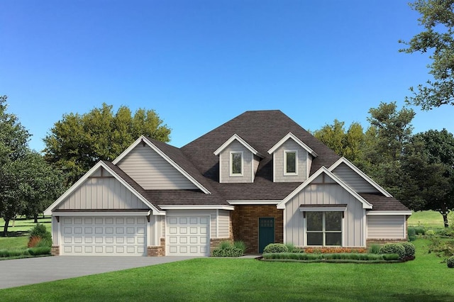 craftsman-style house featuring board and batten siding, driveway, roof with shingles, a front yard, and a garage