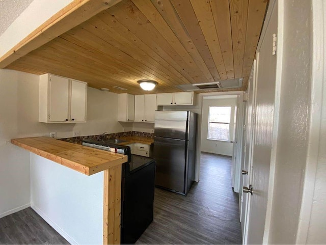 3509 N Nesbitt Ave, Oklahoma City, OK 73112 - kitchen with freestanding refrigerator, wood ceiling, dark wood-style floors, a peninsula, and white cabinetry
