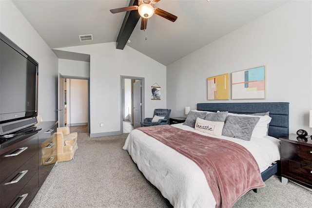 bedroom featuring light carpet, baseboards, and a ceiling fan