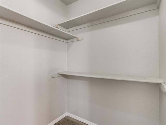 walk in closet with dark wood-style flooring