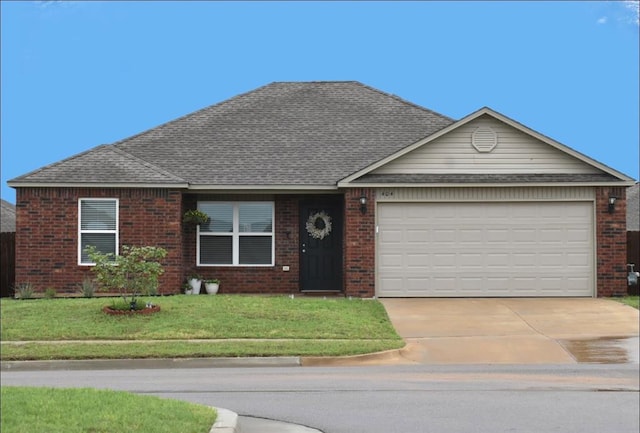 ranch-style home with a front yard, roof with shingles, brick siding, concrete driveway, and an attached garage