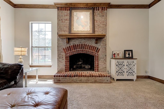 living room with crown molding, baseboards, carpet floors, and a wealth of natural light
