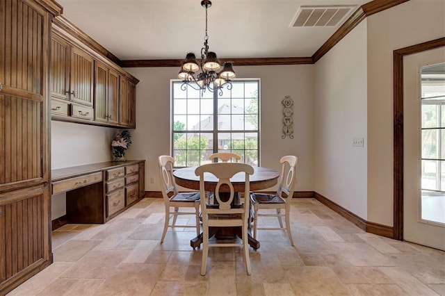dining area with baseboards, visible vents, ornamental molding, and stone tile flooring