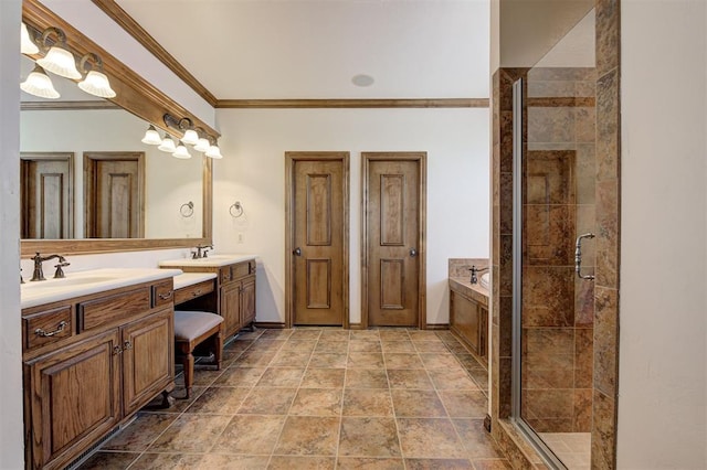 bathroom featuring crown molding, vanity, baseboards, a shower stall, and a garden tub