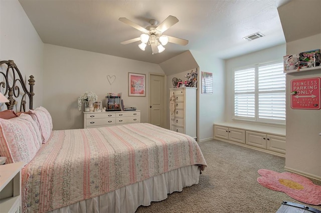 bedroom with carpet, a ceiling fan, baseboards, vaulted ceiling, and visible vents