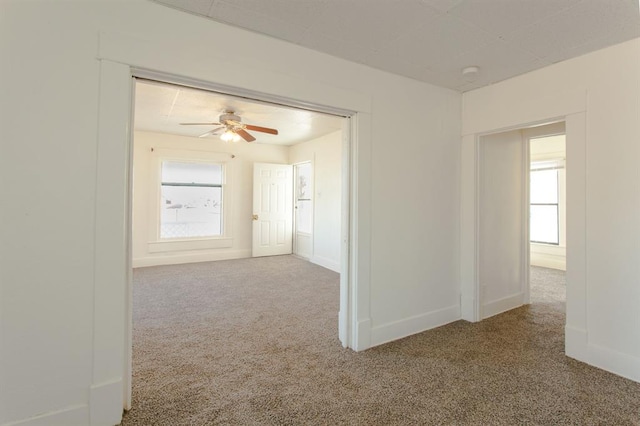carpeted empty room featuring baseboards, ceiling fan, and a healthy amount of sunlight