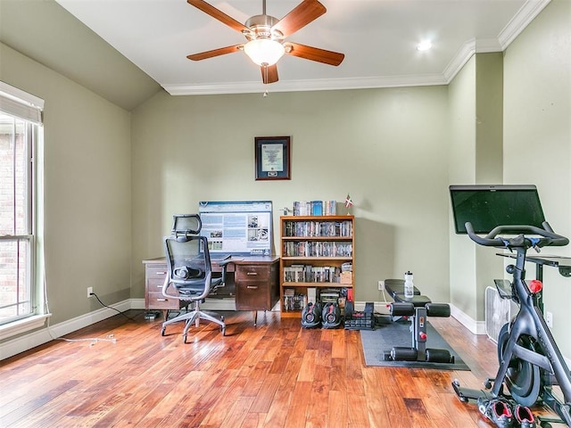 office space featuring crown molding, a healthy amount of sunlight, and wood finished floors