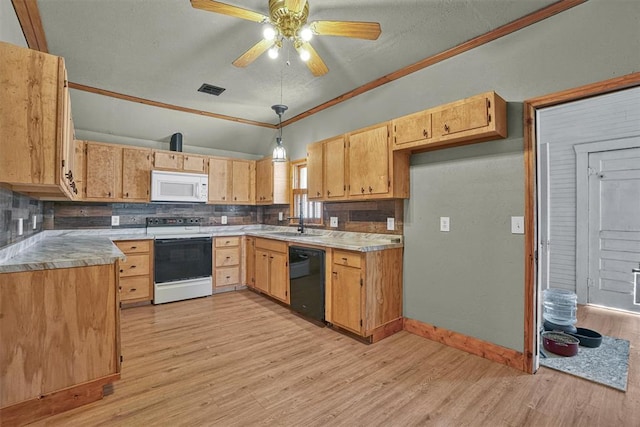 kitchen featuring visible vents, light wood finished floors, lofted ceiling, ornamental molding, and white appliances