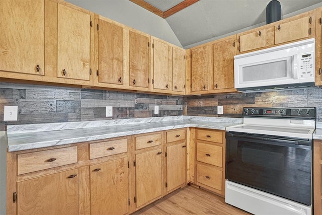 kitchen with white microwave, tasteful backsplash, electric stove, light wood-style flooring, and vaulted ceiling
