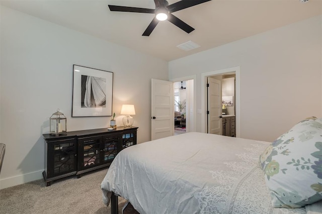 bedroom featuring carpet floors, baseboards, ceiling fan, and visible vents