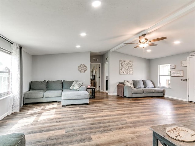 living room featuring baseboards, recessed lighting, ceiling fan, and wood finished floors