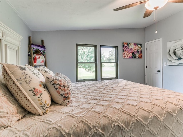 bedroom with a ceiling fan and vaulted ceiling