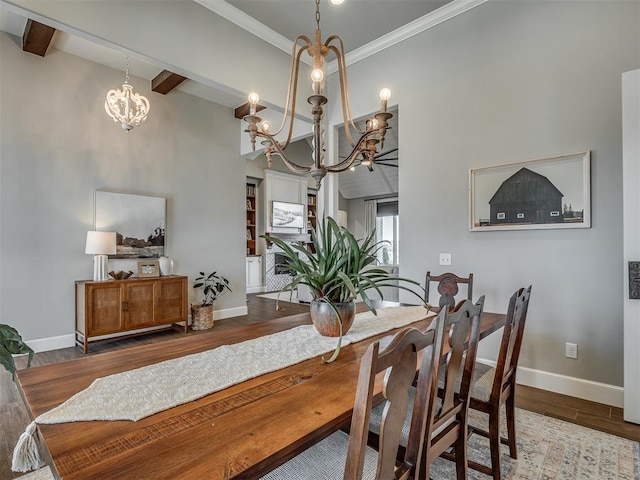 dining space with wood finished floors, beamed ceiling, baseboards, a high ceiling, and a chandelier