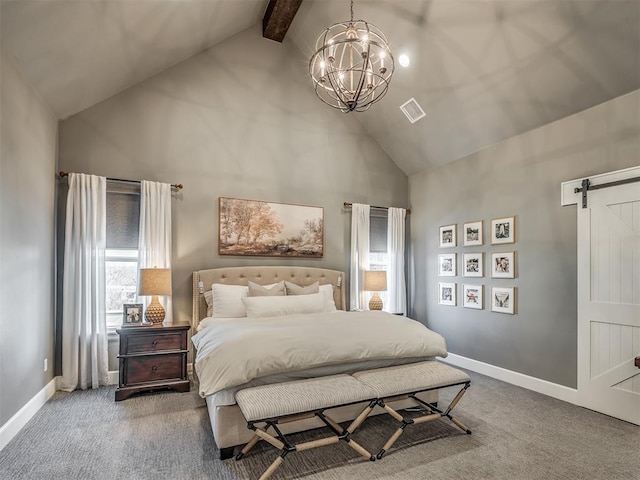 bedroom with carpet flooring, a notable chandelier, high vaulted ceiling, beamed ceiling, and visible vents