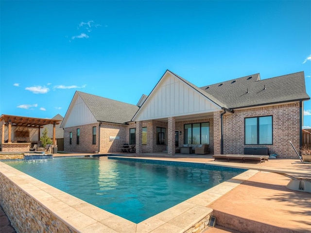 outdoor pool featuring a pergola, an outdoor living space, and a patio