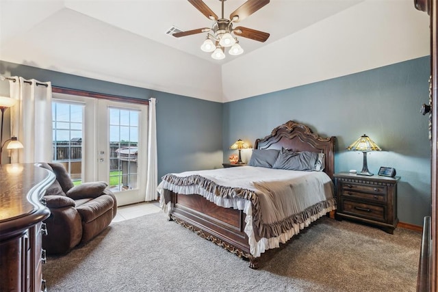 116 Mission Hills Dr, Guthrie, OK 73044 - bedroom featuring access to outside, carpet floors, lofted ceiling, ceiling fan, and french doors
