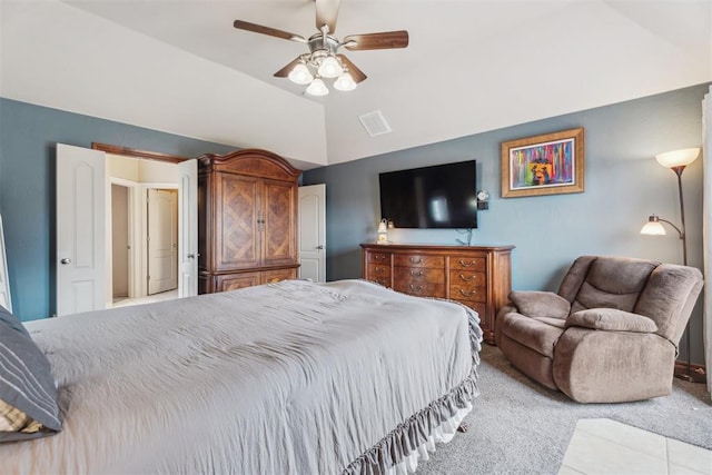 116 Mission Hills Dr, Guthrie, OK 73044 - bedroom with vaulted ceiling, light carpet, and a ceiling fan