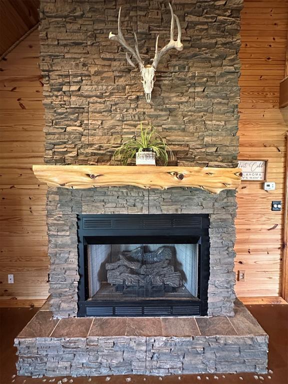 interior details featuring wooden walls and a fireplace