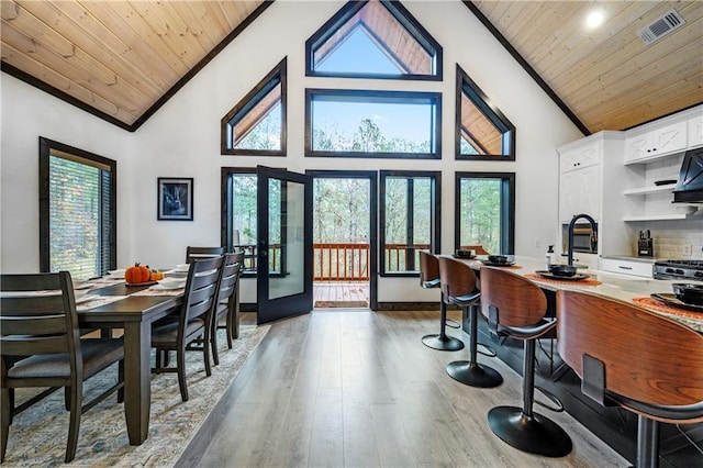 dining space with light wood-style floors, french doors, visible vents, and wood ceiling