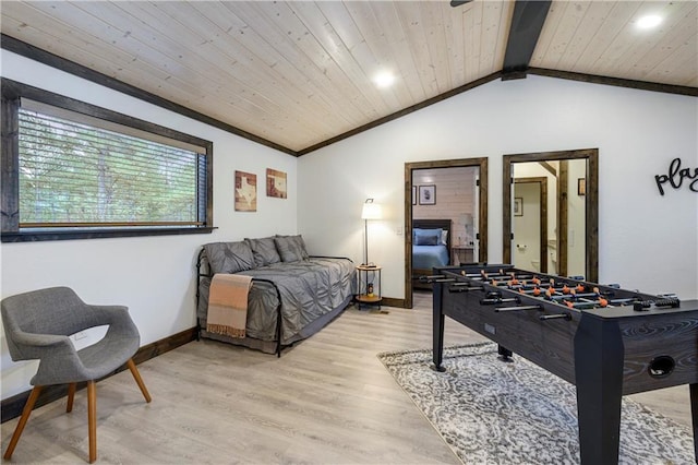 bedroom with wooden ceiling, light wood-style floors, baseboards, and lofted ceiling