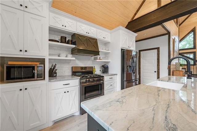 kitchen featuring stainless steel appliances, tasteful backsplash, open shelves, wood ceiling, and custom range hood