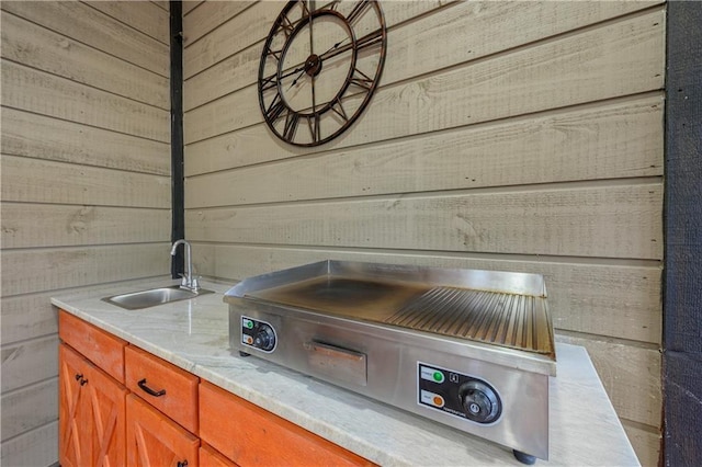 interior details featuring a sink, wooden walls, and brown cabinets
