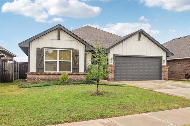 view of front of home featuring fence, a shingled roof, brick siding, a garage, and concrete driveway