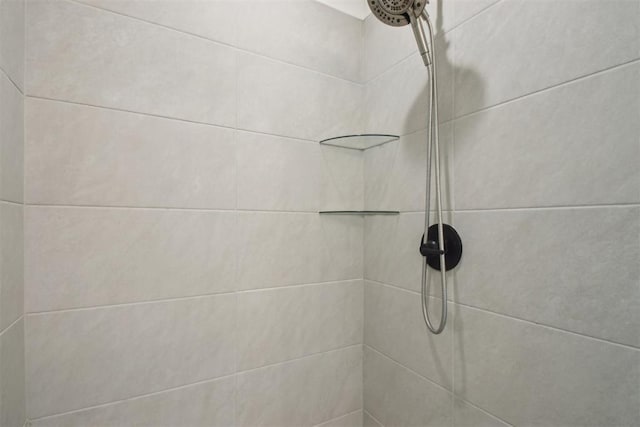 interior details featuring a tile shower