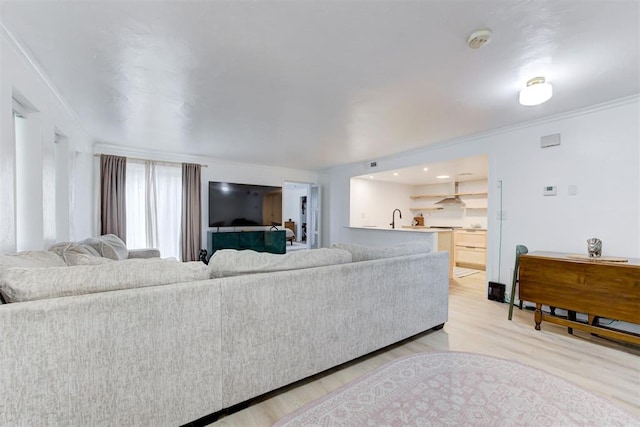 living area featuring ornamental molding and light wood-type flooring